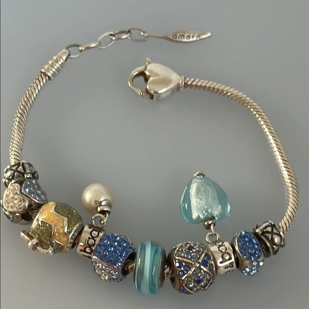 Amore & Baci 925 Sterling Elegant Blue and Gold Charm Bracelet